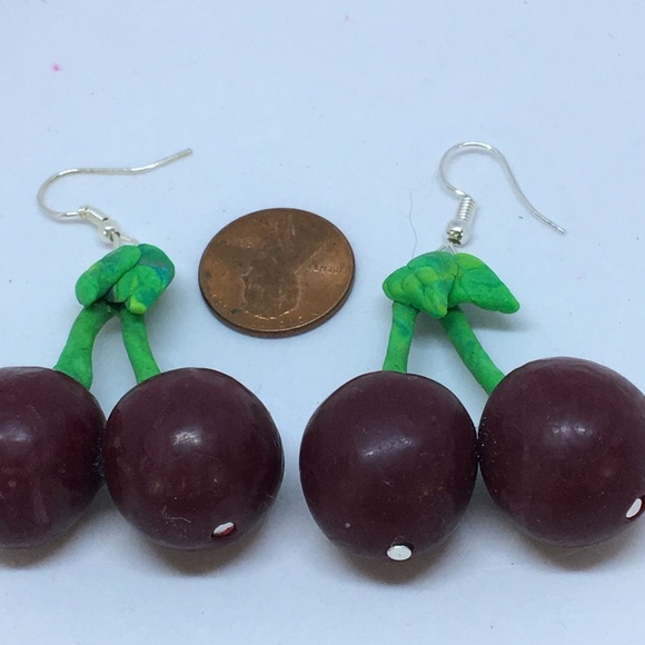 Unique Handmade Polymer Clay Cherry drop Earrings - Picture 3 of 4